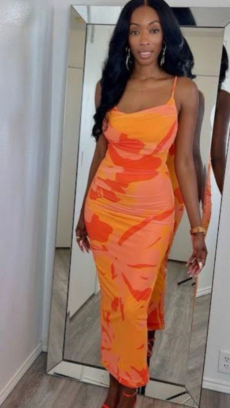JLUXLABEL Naylene Orange Mesh Bodycon Maxi Dress Size Small